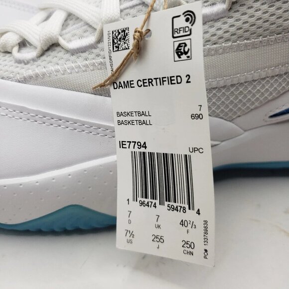 Adidas DAME CERTIFIED 2 LOW IE7794 White Blue Mens Basketball Shoes Size 7.5 - Picture 6 of 8